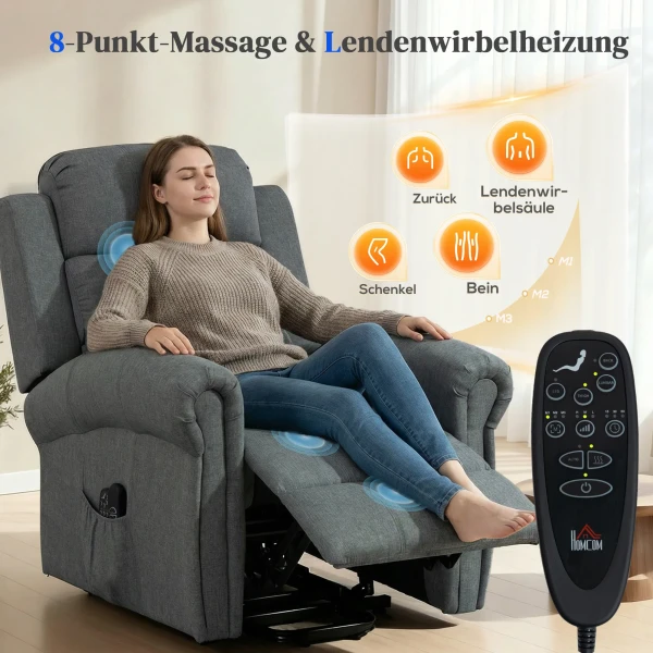 Massagestoel Met Opsta hulp, Relaxstoel, Vibratiekoppen, Met Kantelfunctie, Linnenlook, Grijs
