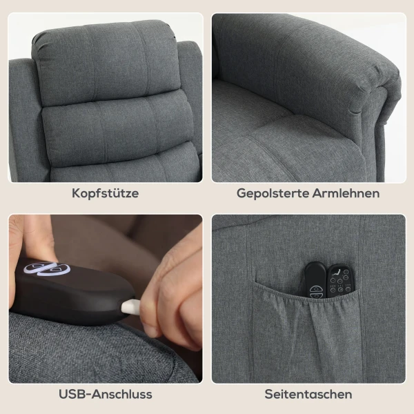 Massagestoel Met Opsta hulp, Relaxstoel, Vibratiekoppen, Met Kantelfunctie, Linnenlook, Grijs