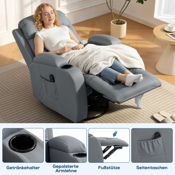 Massagestoel Met Schommel , Lig & Verwarmingsfunctie, 3 Modi, Draaibaar, Lichtgrijs