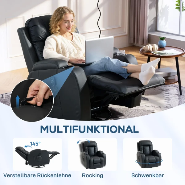Massagestoel Met Schommel , Lig & Verwarmingsfunctie, 3 Modi, Draaibaar, Zwart