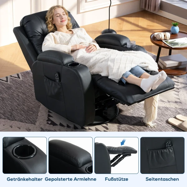 Massagestoel Met Schommel , Lig & Verwarmingsfunctie, 3 Modi, Draaibaar, Zwart