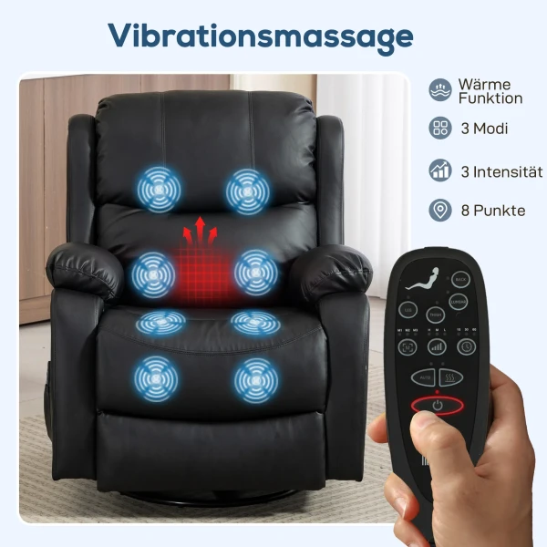 Massagestoel, Warmte & Ligfunctie, Kunstleer, Tot 150kg, 97x92x104cm, Zwart