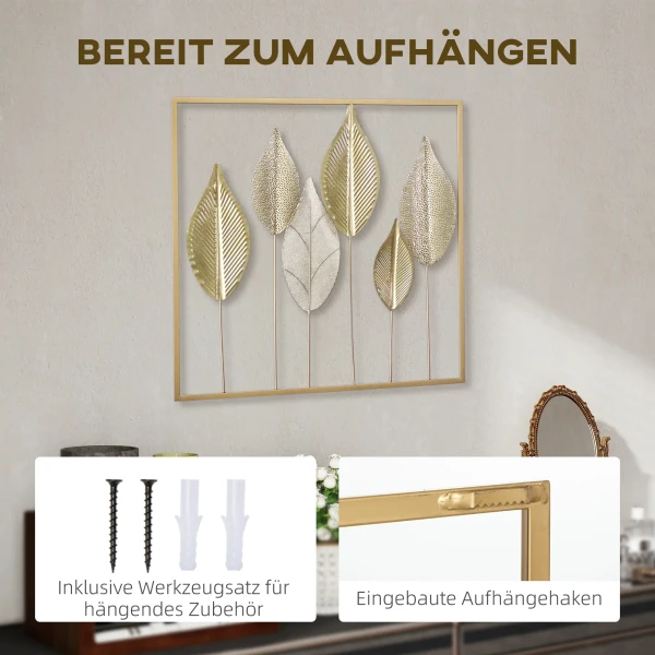 Metalen Frame Met Bladontwerp, Wanddecoratie, Moderne Stijl, Goudkleurig