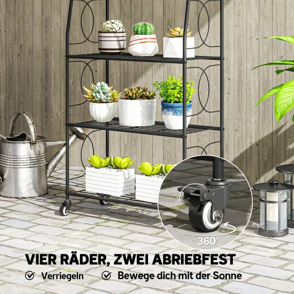 Metalen Plantenstandaard Met 4 Niveaus, Robuust Ladderrek Voor Bloempotten Met Vergrendelbare Wielen