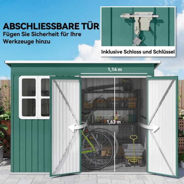 Metalen Schuur Voor Het Opbergen Van Tuingereedschap, Met Raam, Brede Deur, 260 X 177 X 190 Cm, Groen