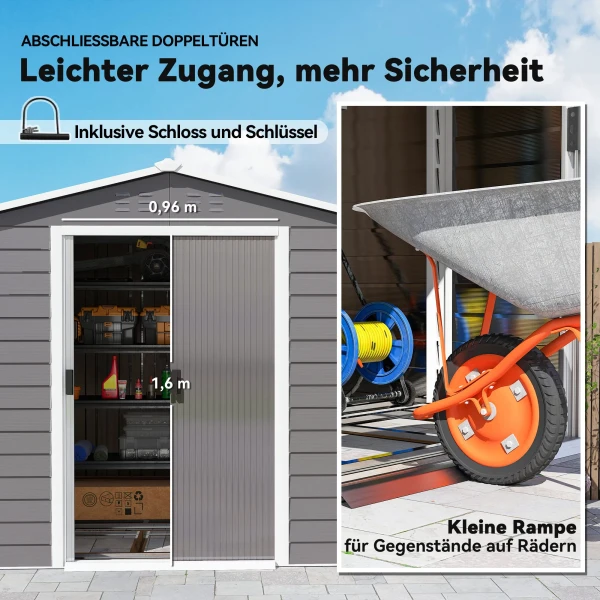 Metalen Tuinhuisje, Weerbestendig & Roestvrij, Afsluitbaar, 2,40 X 2,06 X 1,98 M, Lichtgrijs