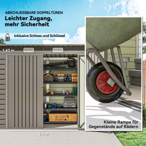 Metalen Tuinschuur, Gereedschapsschuur, Dubbele Deur, 249 X 121 X 166/183cm, Lichtgrijs