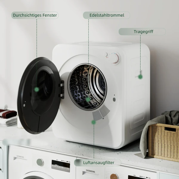 Mini Wasdroger 4 Kg Met 5 Programma's Tot 60℃ 800W/400W Luchtafvoerdroger Met Omkeerbare Roestvrijstalen Trommel Wit