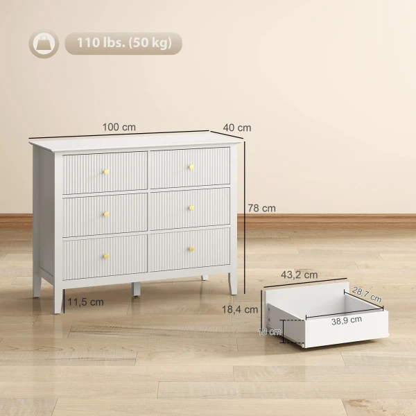 Moderne Dressoir Met 6 Lades Opslagkast Voor Woonkamer Slaapkamer Gang 100 X 40 X 78 Cm Wit