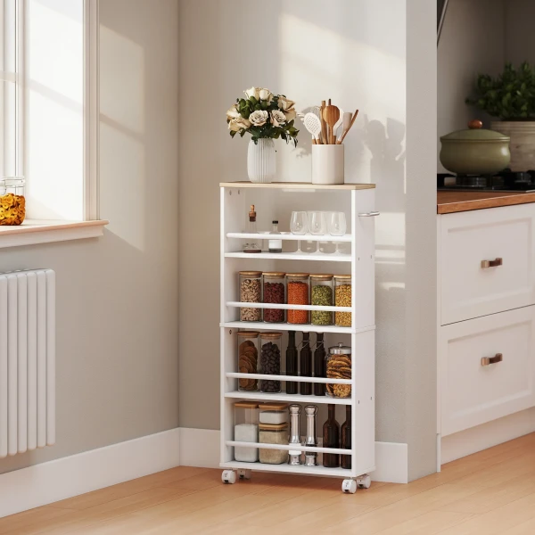 Multifunctioneel Rek Met Wielen, Smalle Bouw, 4 Vakken, 45x15x91 Cm, Natuur