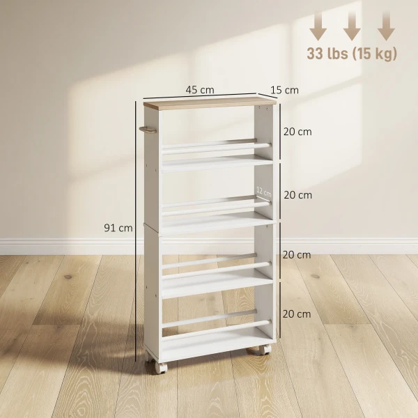 Multifunctioneel Rek Met Wielen, Smalle Bouw, 4 Vakken, 45x15x91 Cm, Natuur