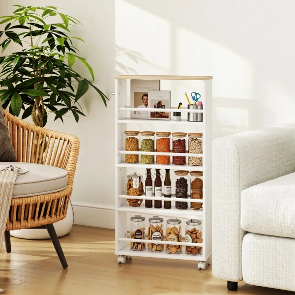 Multifunctioneel Rek Met Wielen, Smalle Bouw, 4 Vakken, 45x15x91 Cm, Natuur