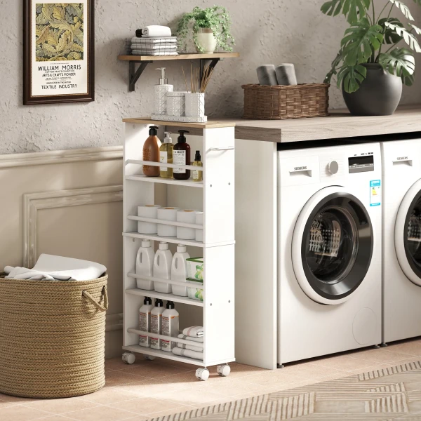 Multifunctioneel Rek Met Wielen, Smalle Bouw, 4 Vakken, 45x15x91 Cm, Natuur