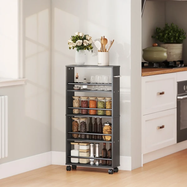 Multifunctioneel Rek Op Wielen, Smalle Bouw, 4 Vakken, 45x15x91 Cm, Zwart