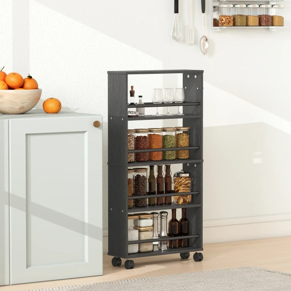 Multifunctioneel Rek Op Wielen, Smalle Bouw, 4 Vakken, 45x15x91 Cm, Zwart