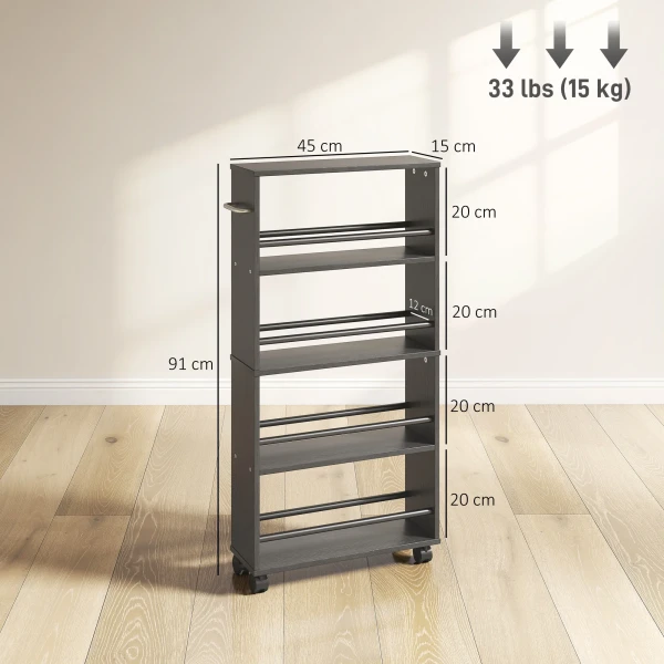 Multifunctioneel Rek Op Wielen, Smalle Bouw, 4 Vakken, 45x15x91 Cm, Zwart