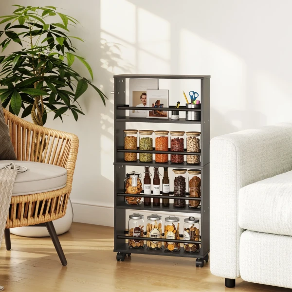 Multifunctioneel Rek Op Wielen, Smalle Bouw, 4 Vakken, 45x15x91 Cm, Zwart