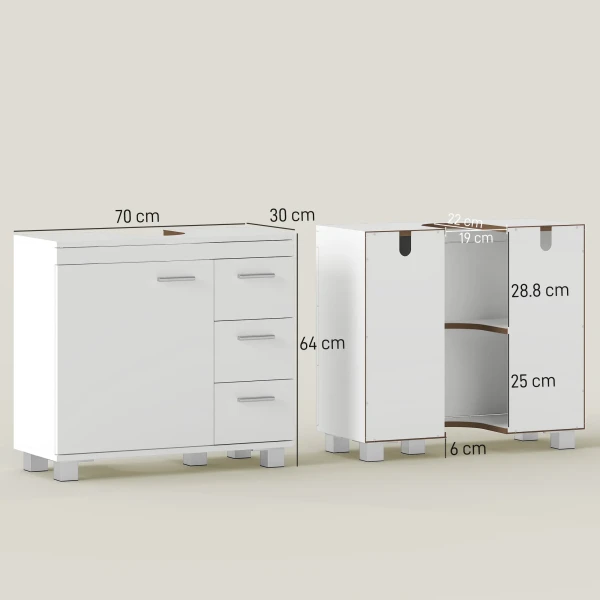 Onderkast Voor Wastafel, 2 Planken, 3 Laden, MDF structuur, Wit