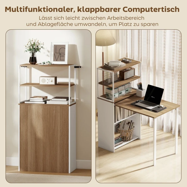 Opklapbare Bureau Keukentafel Met 4 Planken Computertafel Werktafel Laptoptafel 105 X 60 X 127 Cm Natuurhout