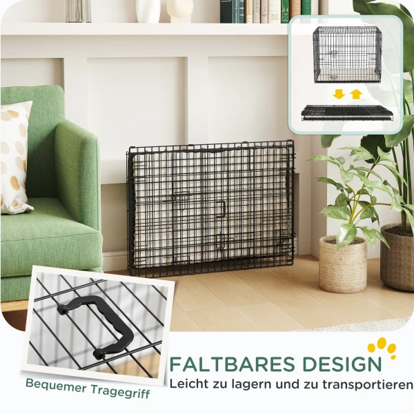 Opvouwbare Hondenkooi Met 2 Deuren, Transportkooi Met Uitschuifbare Bodemlade En Kussen 75 X 48,5 X 53 Cm Zwart