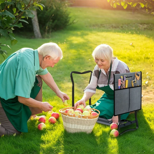 Opvouwbare Tuinkruk Voor Tuinieren Met Kniekussen En Gereedschapstassen Tot 150 Kg 58 X 28 X 49cm Grijs