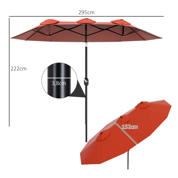 Parasol, Tuinparasol, Kantelbaar, Met Handslinger, Winddak, Polyester+Staal, Wijnrood, 295 X 152 Cm