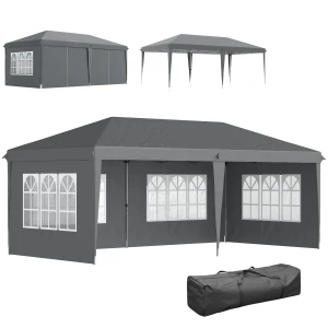 Paviljoen Ca. 3x6m Waterdicht Pop up Vouwpaviljoen Met 4 Zijwanden, Venster UV Bescherming Draagtas Grijs