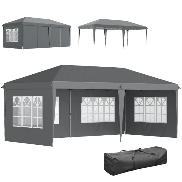 Paviljoen Ca. 3x6m Waterdicht Pop up Vouwpaviljoen Met 4 Zijwanden, Venster UV Bescherming Draagtas Grijs