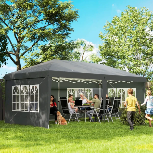 Paviljoen Ca. 3x6m Waterdicht Pop up Vouwpaviljoen Met 4 Zijwanden, Venster UV Bescherming Draagtas Grijs