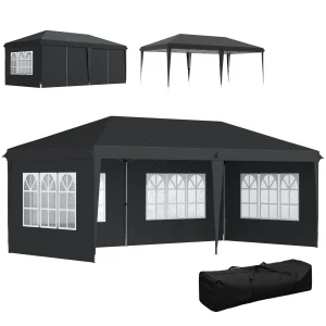 Paviljoen Ca. 3x6m Waterdicht Pop up Vouwpaviljoen Met 4 Zijwanden, Venster UV Bescherming Draagtas Zwart