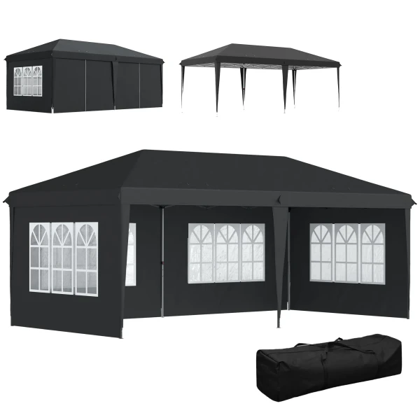 Paviljoen Ca. 3x6m Waterdicht Pop up Vouwpaviljoen Met 4 Zijwanden, Venster UV Bescherming Draagtas Zwart
