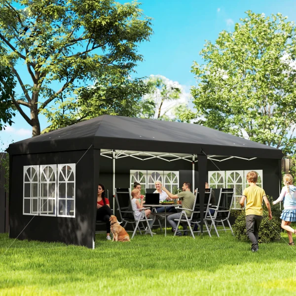 Paviljoen Ca. 3x6m Waterdicht Pop up Vouwpaviljoen Met 4 Zijwanden, Venster UV Bescherming Draagtas Zwart