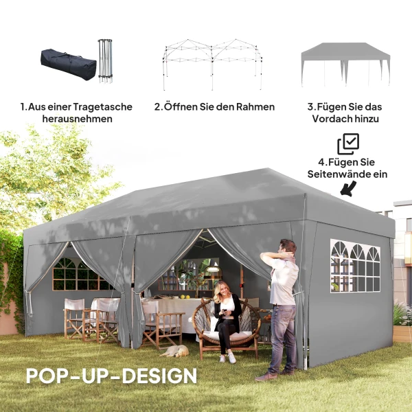 Paviljoen Ca. 6x3m Stabiel Winterbestendig Pop up Vouwpaviljoen Met Vensters, Ritssluiting Deur, Zijpanelen, UV Bescherming