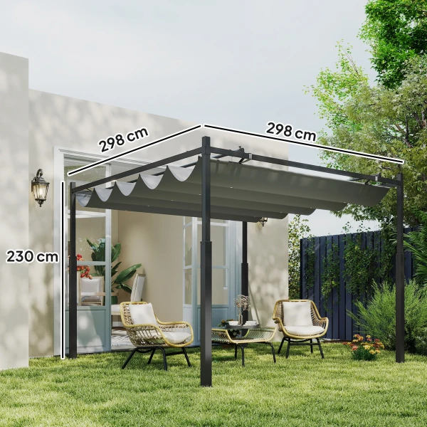 Pergola Ca. 3x3 M Vrijstaande Terrasoverkapping Met Schuifdak, Magnetisch Pad, 8 Cm Kolom UV bestendig