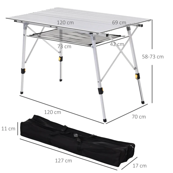 Picknick Klaptafel, Opvouwbare Tafel, In Hoogte Verstelbare Kampeertafel, Incl. Draagtas, Aluminium, Zilver, 120 X 69 X 59 78 Cm