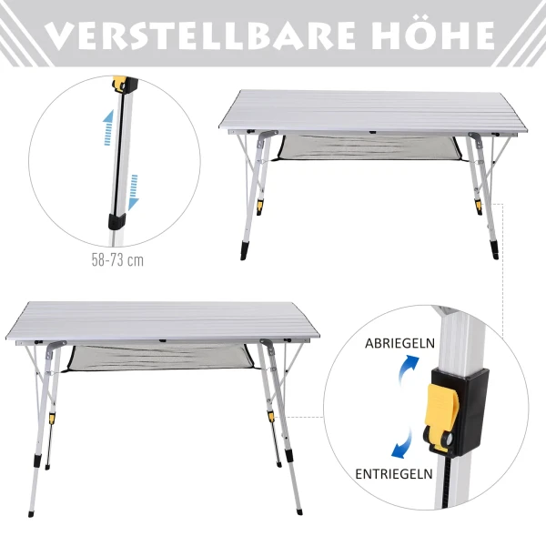 Picknick Klaptafel, Opvouwbare Tafel, In Hoogte Verstelbare Kampeertafel, Incl. Draagtas, Aluminium, Zilver, 120 X 69 X 59 78 Cm