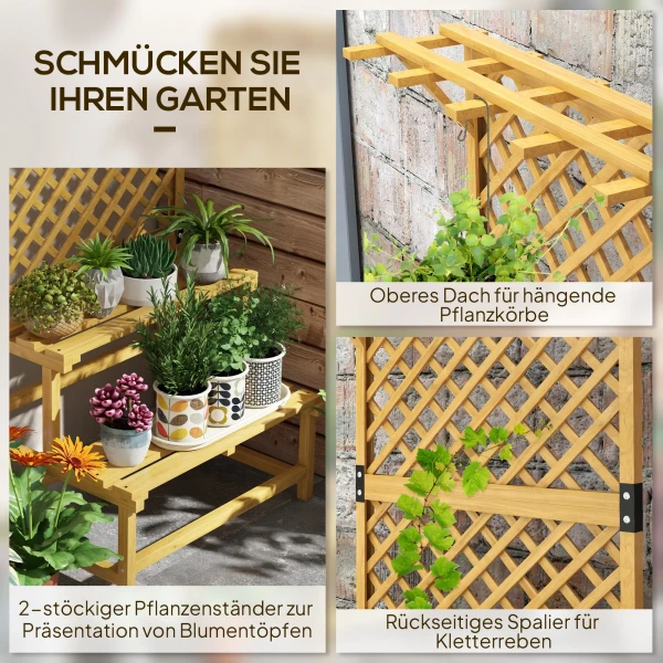 Plantenstandaard, Bloemenrek, 2 Verdiepingen, Met Trellis & Dak, Sparrenhout, 75x50x166cm, Geel