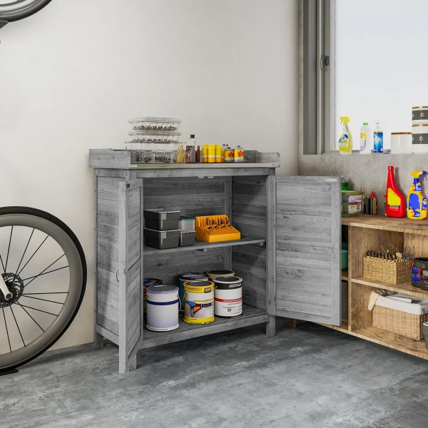 Planttafel Met Houten Onderkast Voor Buiten, Tuinkast Met Verzinkt Werkblad, 2 Planken, Grijs