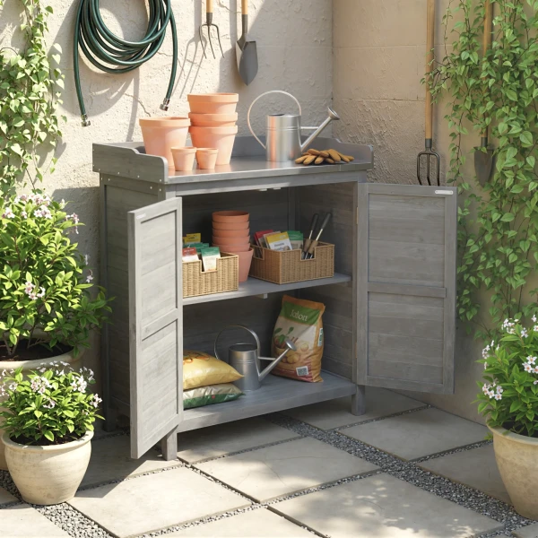 Planttafel Met Houten Onderkast Voor Buiten, Tuinkast Met Verzinkt Werkblad, 2 Planken, Grijs
