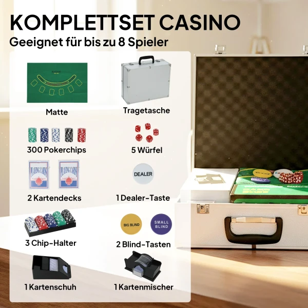 Poker Set, 300 Chips, Dobbelstenen, 2 Kaartspellen, Accessoires, Koffer, Voor 8 Spelers