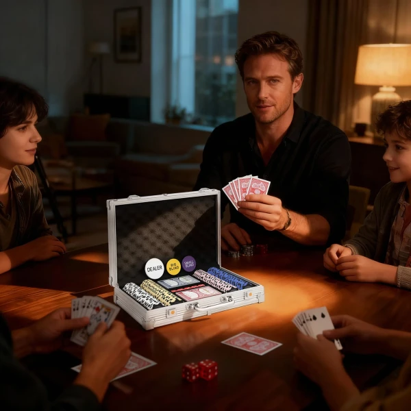 Pokerchips Set In Koffer, Met Dobbelstenen, Dealer Knop, 2 Kaartspellen, Zilverkleurig