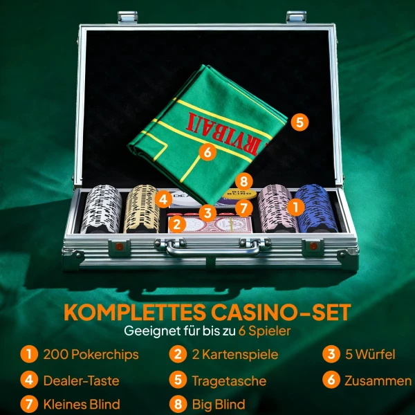 Pokerchips Set In Koffer, Met Dobbelstenen, Dealer Knop, 2 Kaartspellen, Zilverkleurig