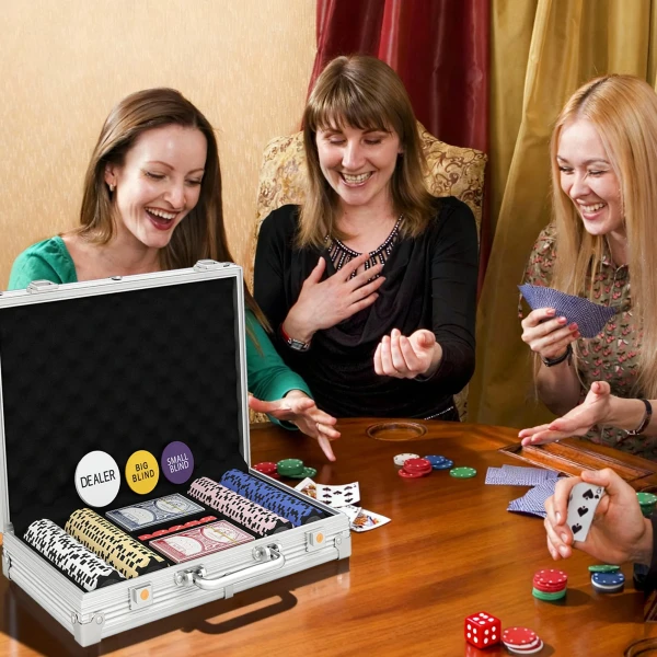 Pokerchips Set In Koffer, Met Dobbelstenen, Dealer Knop, 2 Kaartspellen, Zilverkleurig