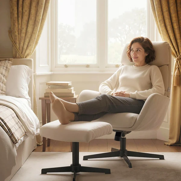 Polsterstoel Met Voetenbankje, Lounge Stoel Met Hoge Rugleuning, Metalen Basis, Voor Woonkamer, Slaapkamer, Beige