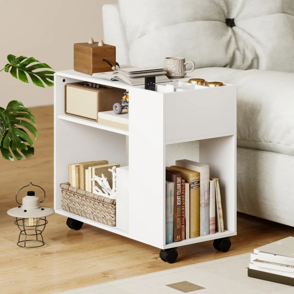 Printerstandaard Printertafel Met Onderverdeeld Vak, Opbergoppervlakken Voor Kantoor 70 X 34 X 60 Cm Wit