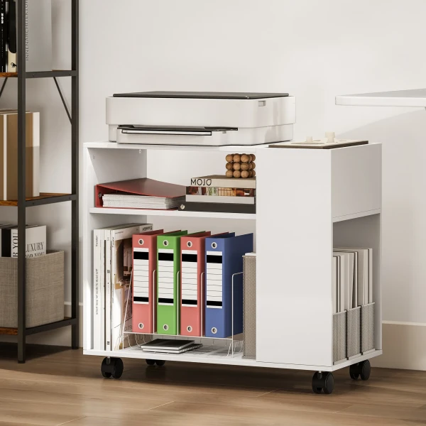 Printerstandaard Printertafel Met Onderverdeeld Vak, Opbergoppervlakken Voor Kantoor 70 X 34 X 60 Cm Wit