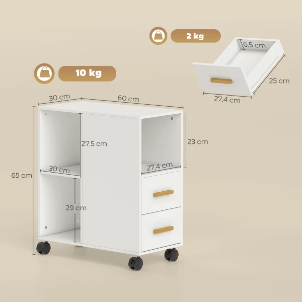 Printerstandaard Printertafel Met Verstelbare Plank, Rollen Voor Fax Scanner 60 X 30 X 65 Cm Wit