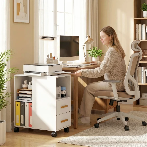 Printerstandaard Printertafel Met Verstelbare Plank, Rollen Voor Fax Scanner 60 X 30 X 65 Cm Wit