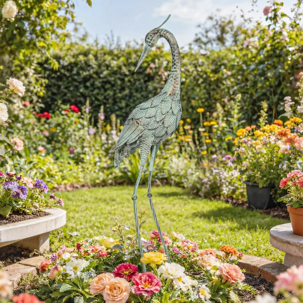 Reiher Tuinbeeld Metaal Vogel Buiten Beeld 88 Cm Staande Sculptuur Met Grondankers Groen En Brons