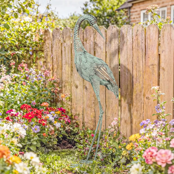 Reiher Tuinbeeld Metaal Vogel Buiten Beeld 88 Cm Staande Sculptuur Met Grondankers Groen En Brons